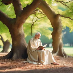 A serene and thoughtful philosopher sitting under a large tree, reading a book