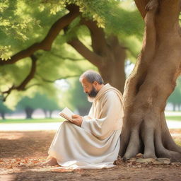 A serene and thoughtful philosopher sitting under a large tree, reading a book