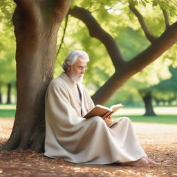 A serene and thoughtful philosopher sitting under a large tree, reading a book