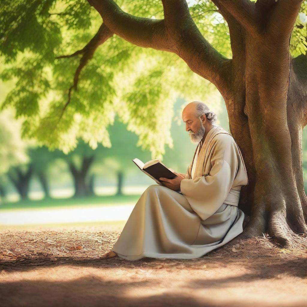 A serene and thoughtful philosopher sitting under a large tree, reading a book