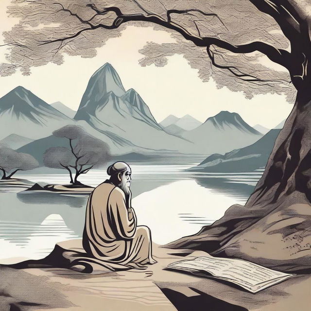 A serene scene of a philosopher sitting under a tree, deep in thought