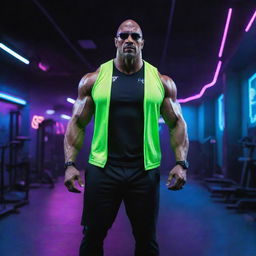 The Rock in a high-tech cyberpunk setting, clad in neon-glowing attire, futuristic eyewear, and building muscle within a digitized, neon-lit gym.