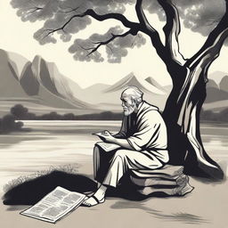 A serene scene of a philosopher sitting under a tree, deep in thought