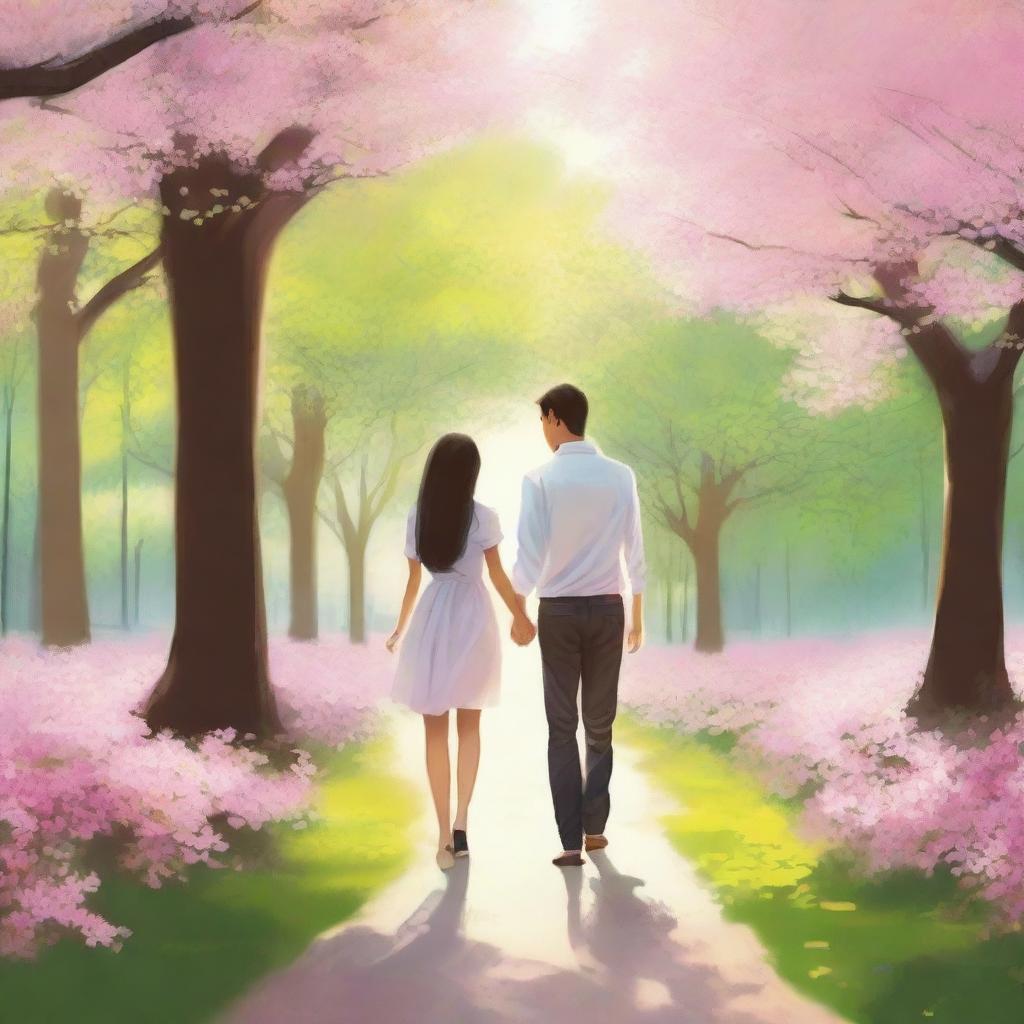 A heartwarming scene depicting love, with a couple holding hands in a beautiful park filled with blooming flowers and soft sunlight filtering through the trees