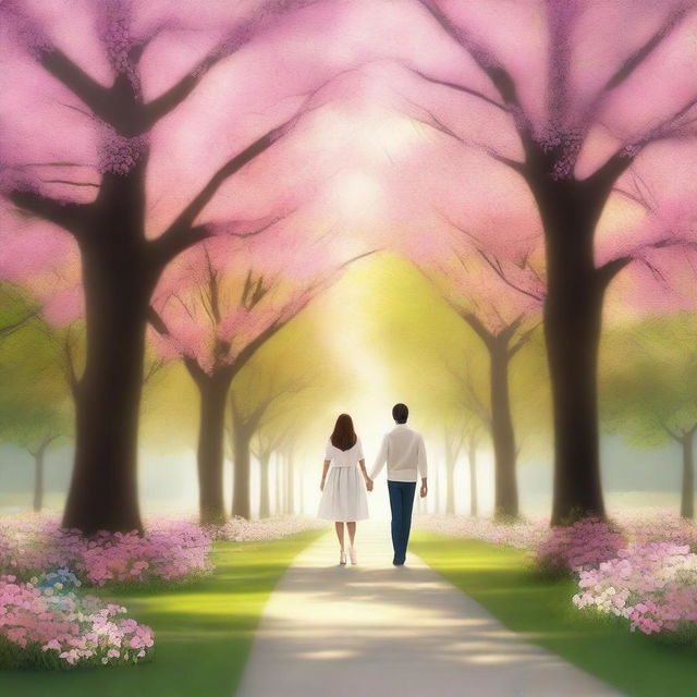 A heartwarming scene depicting love, with a couple holding hands in a beautiful park filled with blooming flowers and soft sunlight filtering through the trees