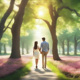 A heartwarming scene depicting love, with a couple holding hands in a beautiful park filled with blooming flowers and soft sunlight filtering through the trees