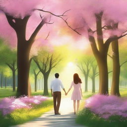 A heartwarming scene depicting love, with a couple holding hands in a beautiful park filled with blooming flowers and soft sunlight filtering through the trees