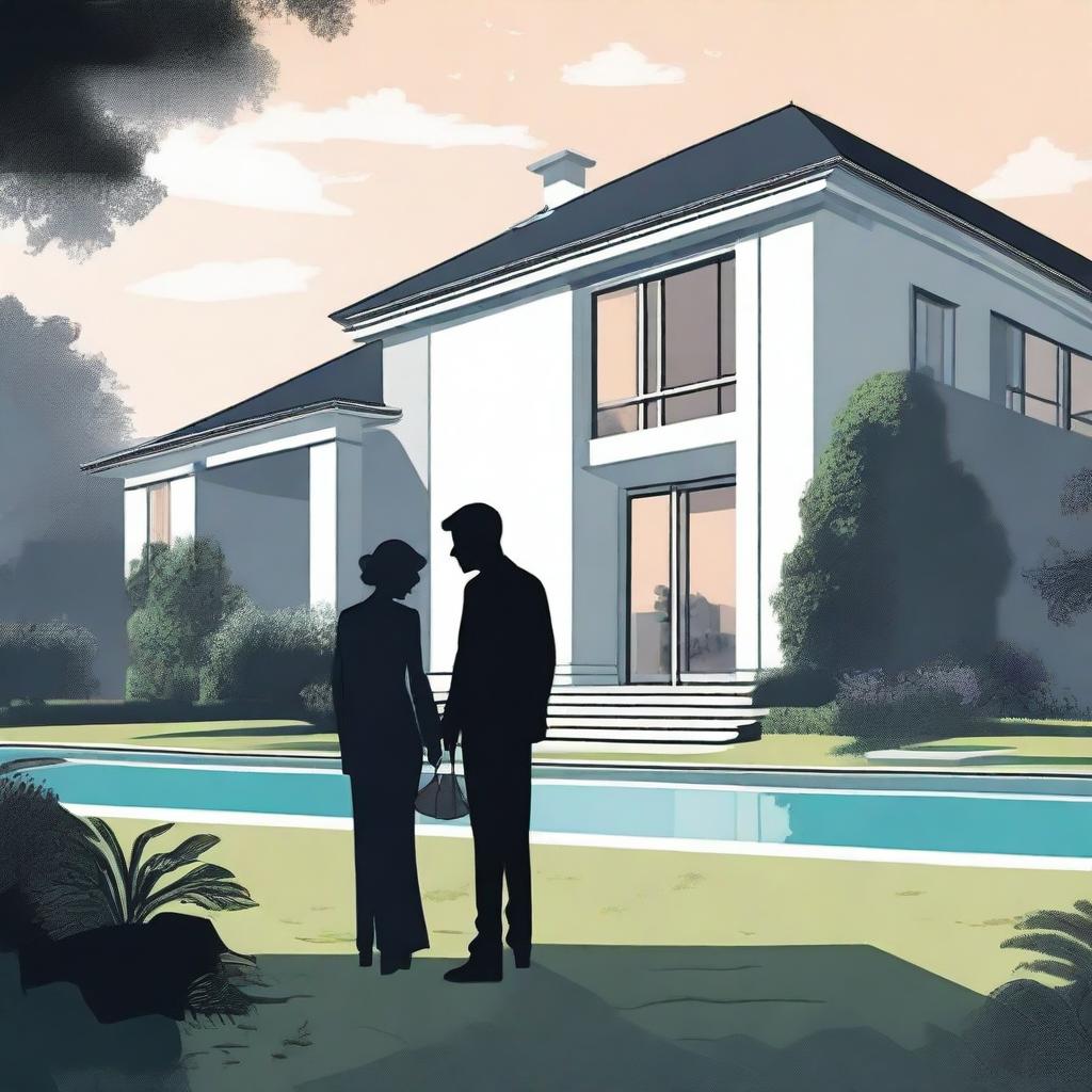 A large, elegant modern house with a huge garden that has a pool and expensive cars, partially hidden in mist or shadow to suggest mystery