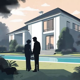 A large, elegant modern house with a huge garden that has a pool and expensive cars, partially hidden in mist or shadow to suggest mystery