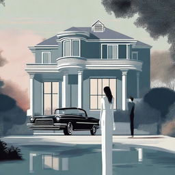 A large, elegant modern house with a huge garden that has a pool and expensive cars, partially hidden in mist or shadow to suggest mystery