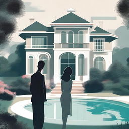 A large, elegant modern house with a huge garden that has a pool and expensive cars, partially hidden in mist or shadow to suggest mystery