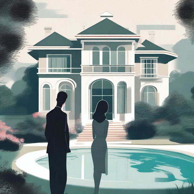 A large, elegant modern house with a huge garden that has a pool and expensive cars, partially hidden in mist or shadow to suggest mystery