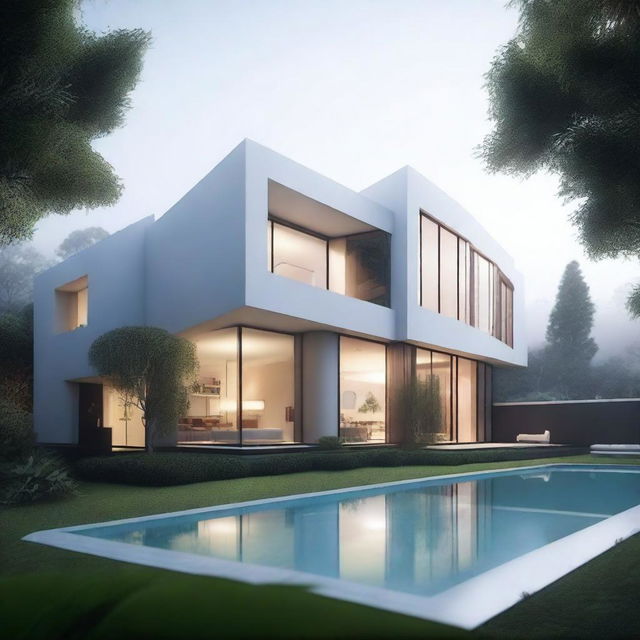 A large, elegant modern house with a huge garden that includes a pool and expensive cars, partially hidden in mist or shadow to suggest mystery