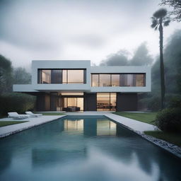 A large, elegant modern house with a huge garden that includes a pool and expensive cars, partially hidden in mist or shadow to suggest mystery