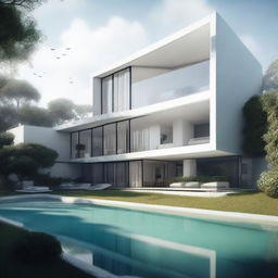 A large, elegant modern house with a huge garden that includes a pool and expensive cars, partially hidden in mist or shadow to suggest mystery