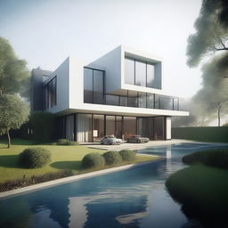 A large, elegant modern house with a huge garden that includes a pool and expensive cars, partially hidden in mist or shadow to suggest mystery