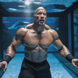 The Rock depicted in an aquapunk scenario, donning aquatic-themed attire, surrounded by high-tech marine exercise gear, and working out in an immersive underwater gym.