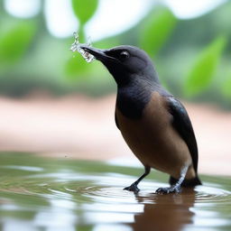 A small bird is seen drinking water