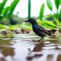 A small bird is seen drinking water