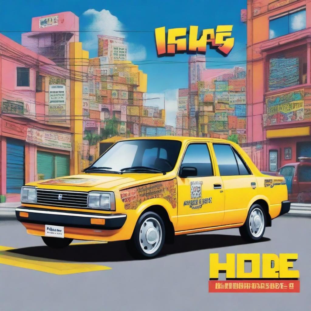 A Nissan Tsuru 3 designed with the album covers of J-Hope's 'Hope World' and 'Jack in the Box,' serving as a taxi in the Veracruz area