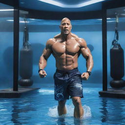 The Rock depicted in an aquapunk scenario, donning aquatic-themed attire, surrounded by high-tech marine exercise gear, and working out in an immersive underwater gym.