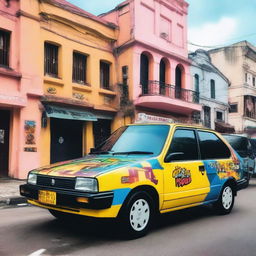 A Nissan Tsuru 3 with the design of J-Hope's albums 'Hope World' and 'Jack in the Box', functioning as a taxi in the area of Veracruz