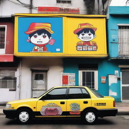 A Nissan Tsuru 3 with the design of J-Hope's albums 'Hope World' and 'Jack in the Box', functioning as a taxi in the area of Veracruz