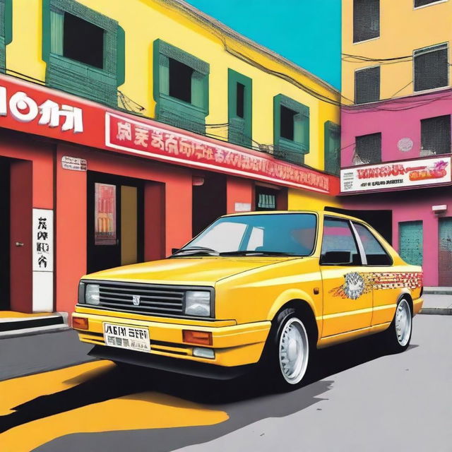 A Nissan Tsuru 3 with the design of J-Hope's albums 'Hope World' and 'Jack in the Box', functioning as a taxi in the area of Veracruz