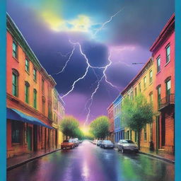 Create a book cover featuring a dramatic scene of a street divided into three distinct weather conditions