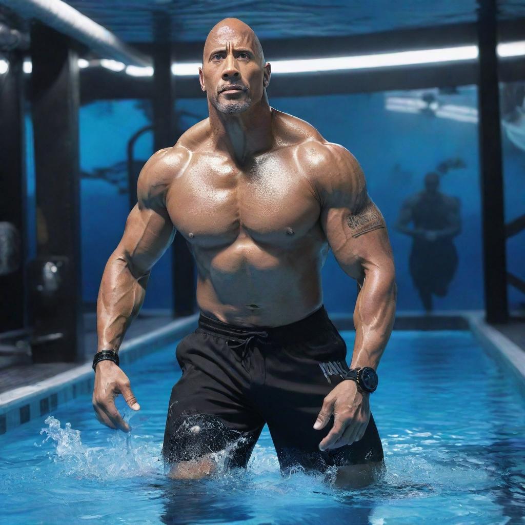 The Rock depicted in an aquapunk scenario, donning aquatic-themed attire, surrounded by high-tech marine exercise gear, and working out in an immersive underwater gym.