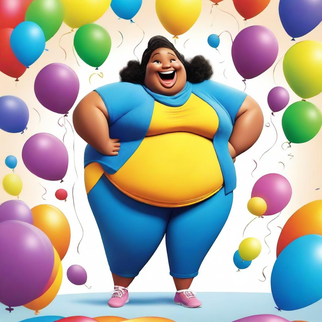 A lighthearted and humorous movie poster featuring a joyful and confident plus-sized character