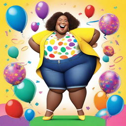 A lighthearted and humorous movie poster featuring a joyful and confident plus-sized character