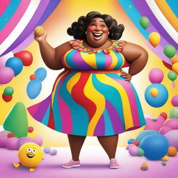 A lighthearted and humorous movie poster featuring a joyful and confident plus-sized character