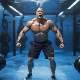 The Rock depicted in an aquapunk scenario, donning aquatic-themed attire, surrounded by high-tech marine exercise gear, and working out in an immersive underwater gym.