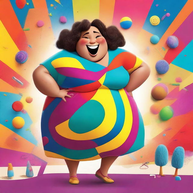 A lighthearted and humorous movie poster featuring a joyful and confident plus-sized character