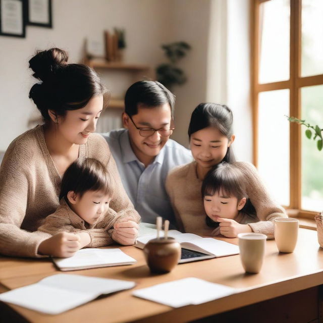 A cozy home setting where a family is immersed in learning English through natural methods