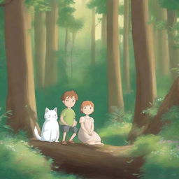 A Studio Ghibli style illustration featuring a brother and sister in a lush, enchanting forest