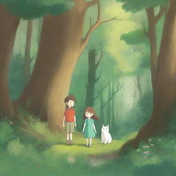 A Studio Ghibli style illustration featuring a brother and sister in a lush, enchanting forest