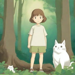 A Studio Ghibli style illustration featuring a brother and sister in a lush, enchanting forest