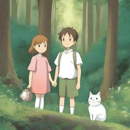 A Studio Ghibli style illustration featuring a brother and sister in a lush, enchanting forest