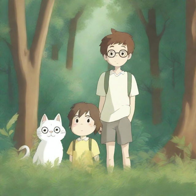 A Studio Ghibli style illustration of a little brother and sister wearing glasses, standing in a lush forest