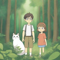 A Studio Ghibli style illustration of a little brother and sister wearing glasses, standing in a lush forest