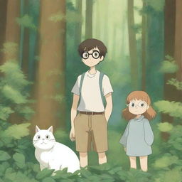 A Studio Ghibli style illustration of a little brother and sister wearing glasses, standing in a lush forest