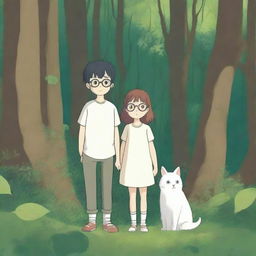 A Studio Ghibli style illustration of a little brother and sister wearing glasses, standing in a lush forest