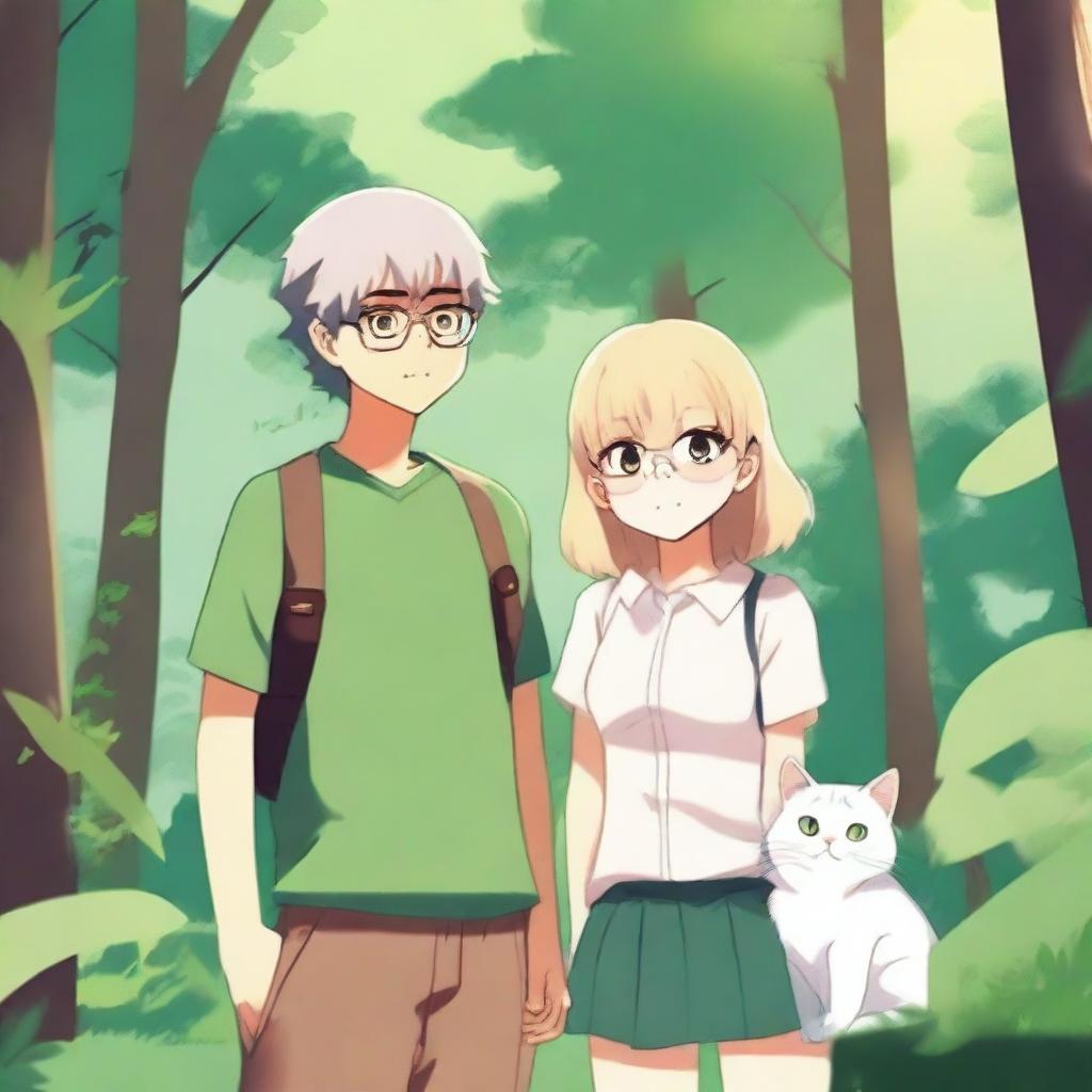 Anime style illustration of a brother and sister wearing glasses, standing together in a lush green forest