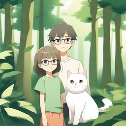 Anime style illustration of a brother and sister wearing glasses, standing together in a lush green forest