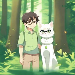 Anime style illustration of a brother and sister wearing glasses, standing together in a lush green forest