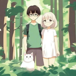 Anime style illustration of a brother and sister wearing glasses, standing together in a lush green forest