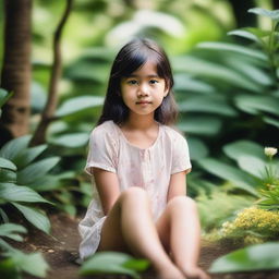 A young girl sitting on the bottom of her feet, with her legs folded underneath her