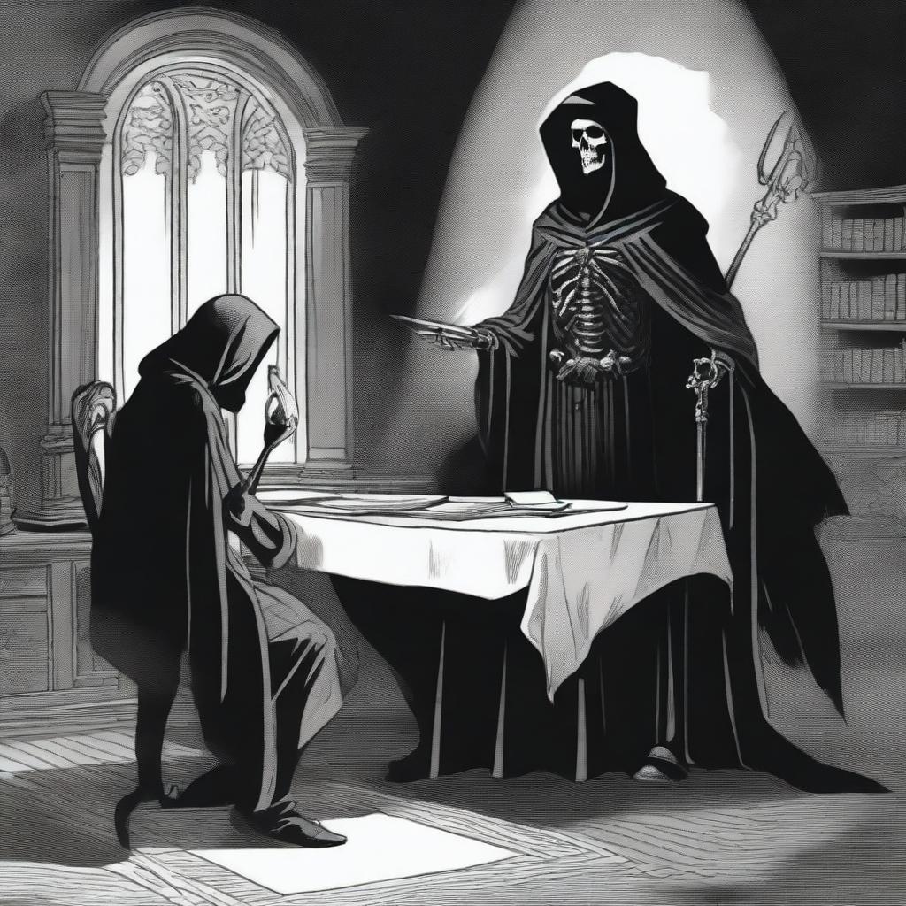 A man and the Grim Reaper having a conversation in a supernatural office